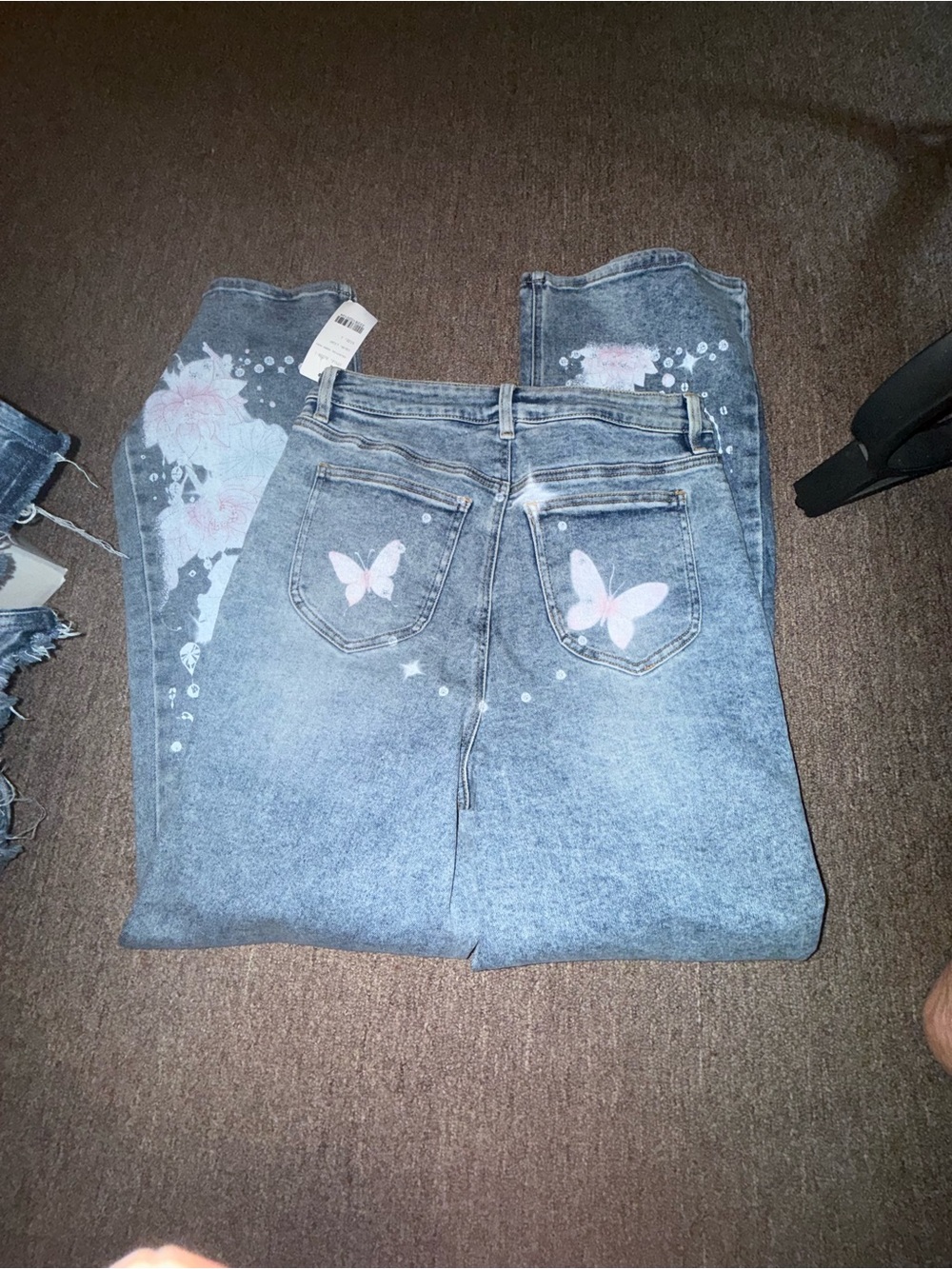 High-Rise Blue Jeans with Pink Butterfly Embroidery